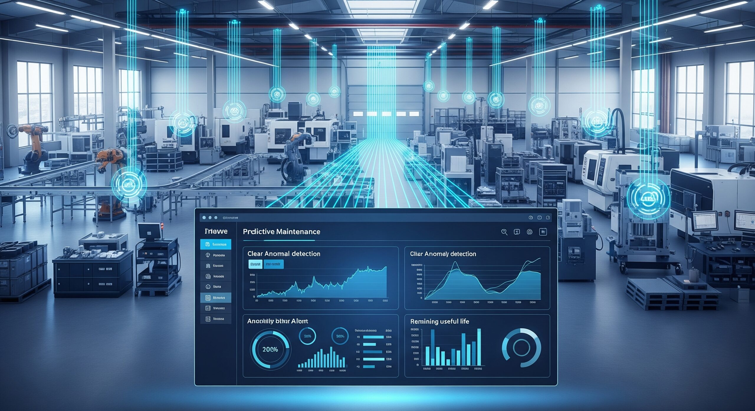 Panel de control de mantenimiento predictivo con datos de sensores IIoT en una planta de fabricación moderna, ilustrando la monitorización avanzada de maquinaria.