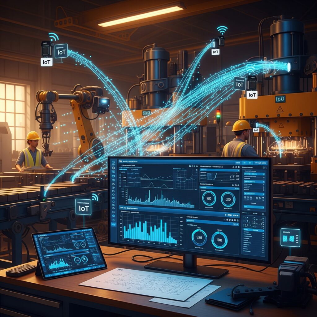 ilustración mostrando sensores IIoT recolectando datos de maquinaria industrial para mantenimiento predictivo con plataforma Alcautech MonitorApp