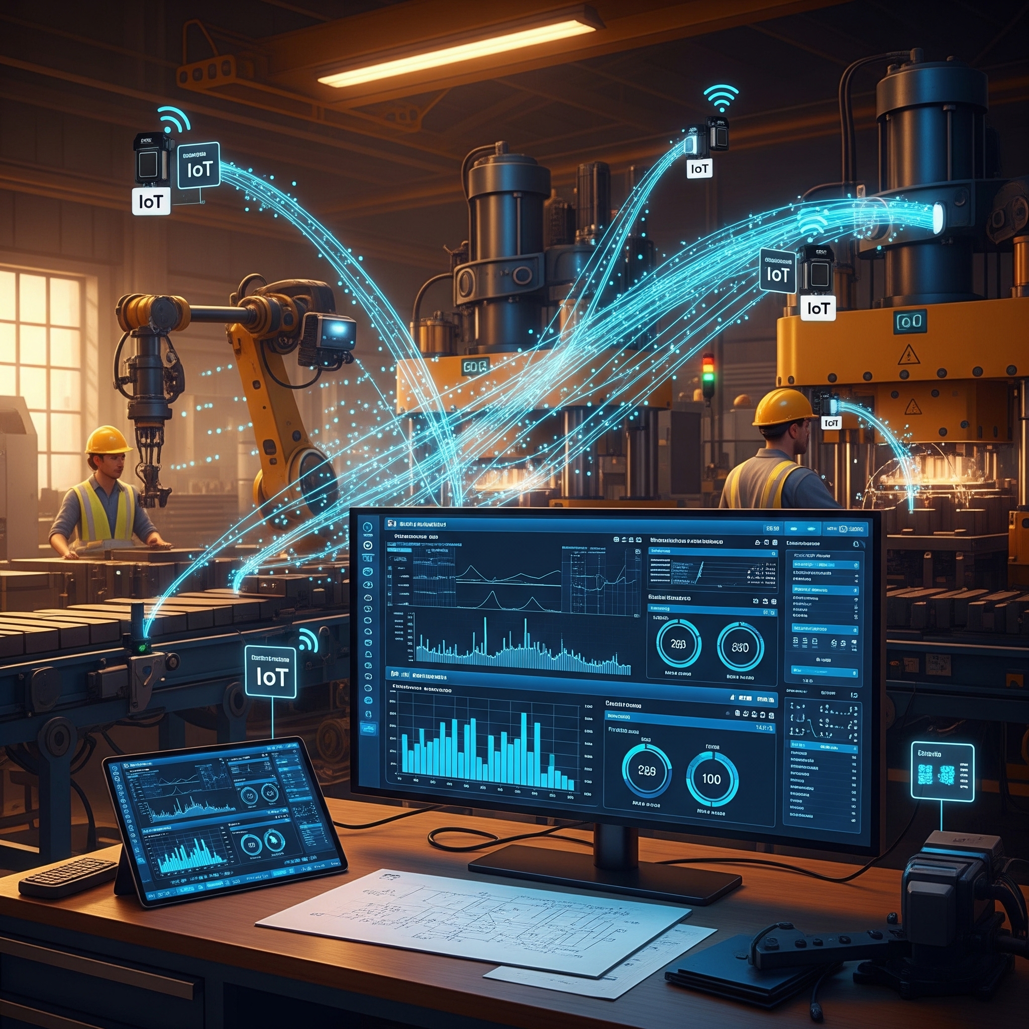 ilustración mostrando sensores IIoT recolectando datos de maquinaria industrial para mantenimiento predictivo con plataforma Alcautech MonitorApp