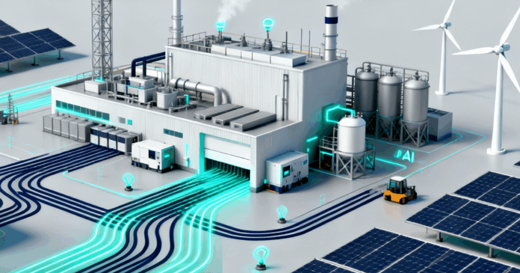 Ilustración digital de eficiencia energética industrial con fábrica moderna, paneles solares, turbinas eólicas y flujos de datos