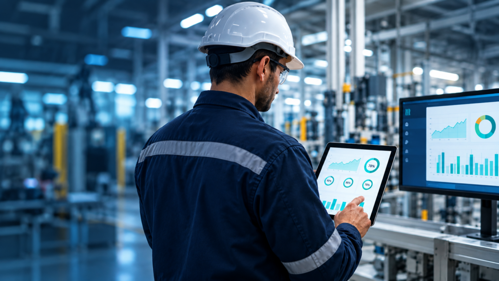 Ingeniero analizando datos de producción y OEE en una planta industrial para definir un proyecto de digitalización