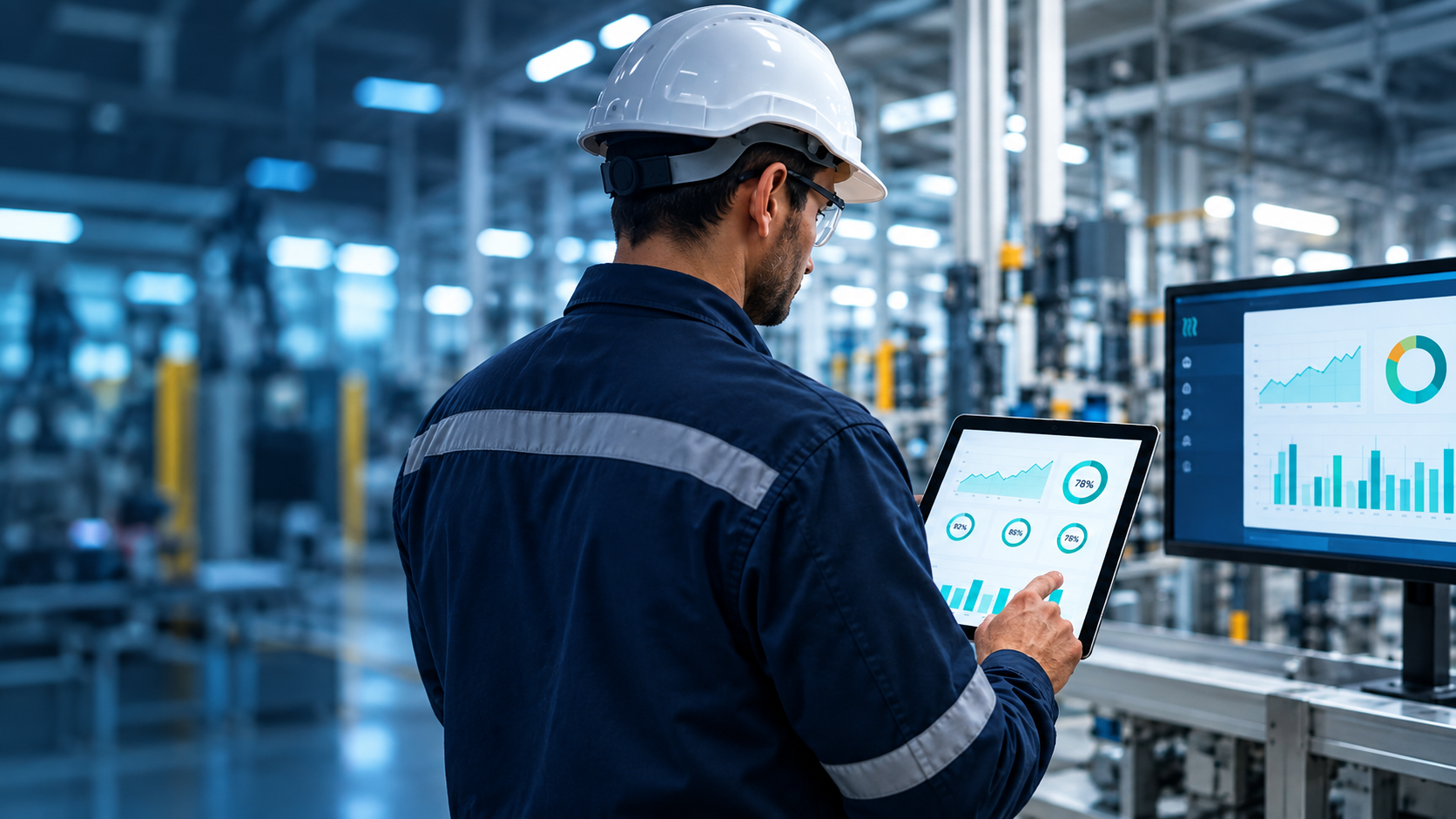 Ingeniero analizando datos de producción y OEE en una planta industrial para definir un proyecto de digitalización