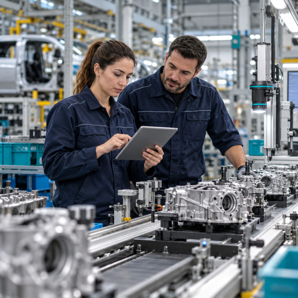 Ingenieros revisando datos en una línea de componentes de automoción