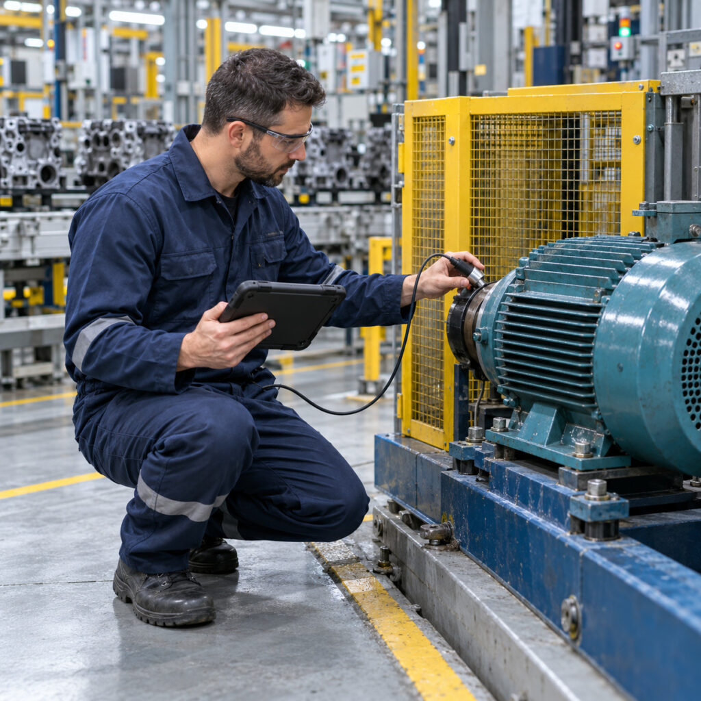 Técnico midiendo la condición de un motor industrial